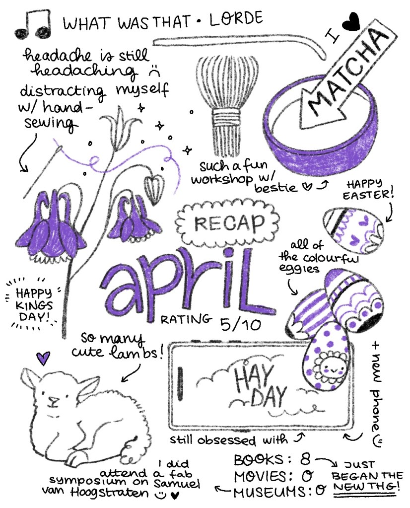 Maandillustratie april 2025 in paars, door Studio Vogel, met matcha, paaseieren, lammetje, klokjesbloemen, symposium en handwerk als afleiding van hoofdpijn.