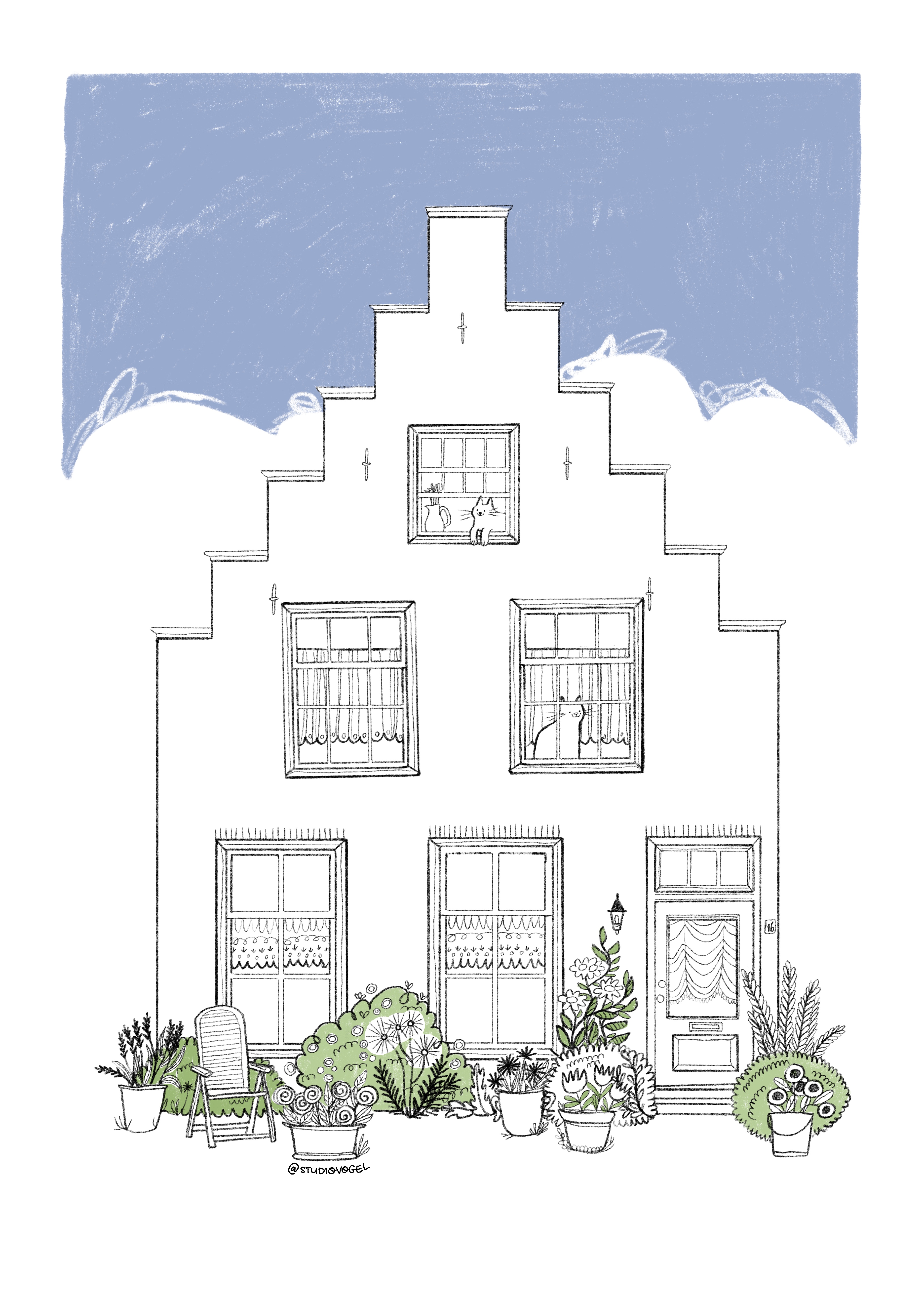 huis portret van een oude stijl huis met katten, cottage core vibe