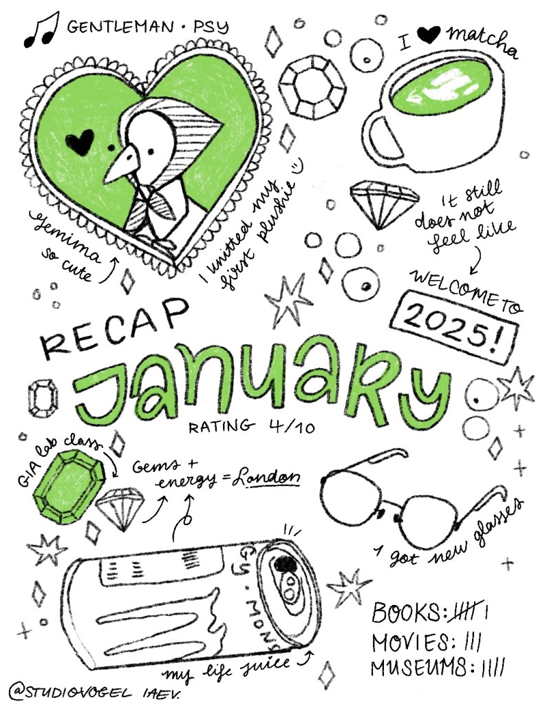 Getekende maandelijkse recap van januari 2025 door Studio Vogel met groene accenten, inclusief vogel in hartvormig frame, edelstenen, matcha, bril 