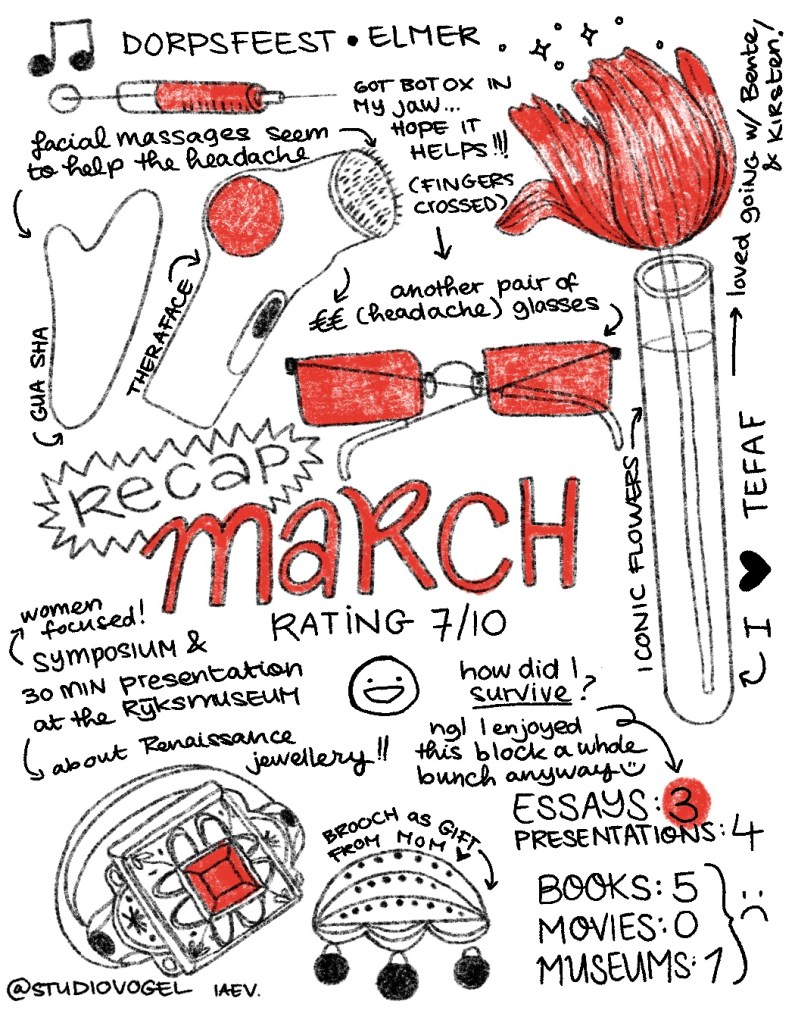 Illustratie recap maart 2025 door Studio Vogel, met rode accenten: tulpen, gua sha, broche, Renaissance sieraden, TEFAF, botox en hoofdklachten.
