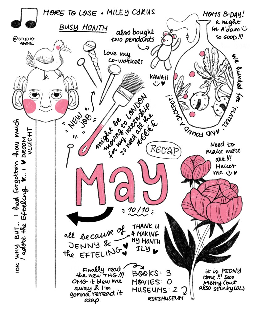 Getekende recap mei 2025 door Studio Vogel met roze tinten: nieuwe job, Efteling, pioenrozen, sieraden, boeken en verjaardag van haar moeder.