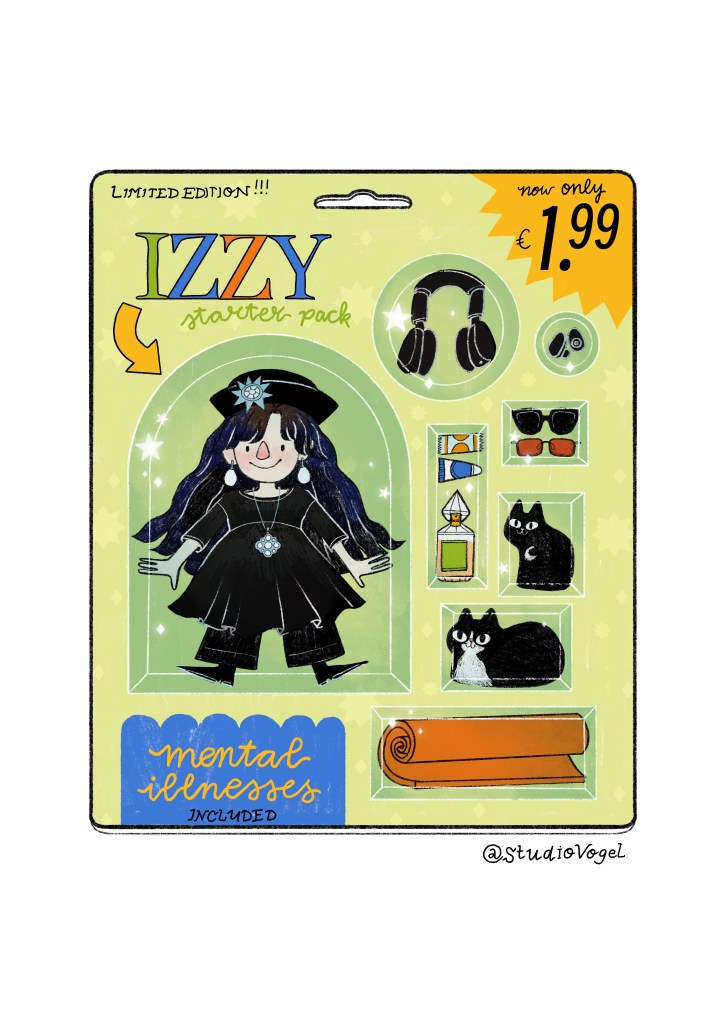 Illustratie van een starter pack door Studio Vogel met poppetje van Izzy in zwarte kleding, omringd door accessoires zoals koptelefoon, parfum, katten, zonnebrillen, en een yogamat in een blisterverpakking.